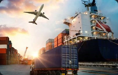 Cargo ship and aircraft at a busy port