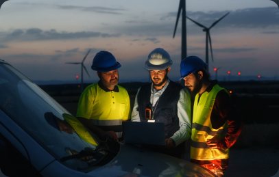 Engineers reviewing data at a wind farm at dusk